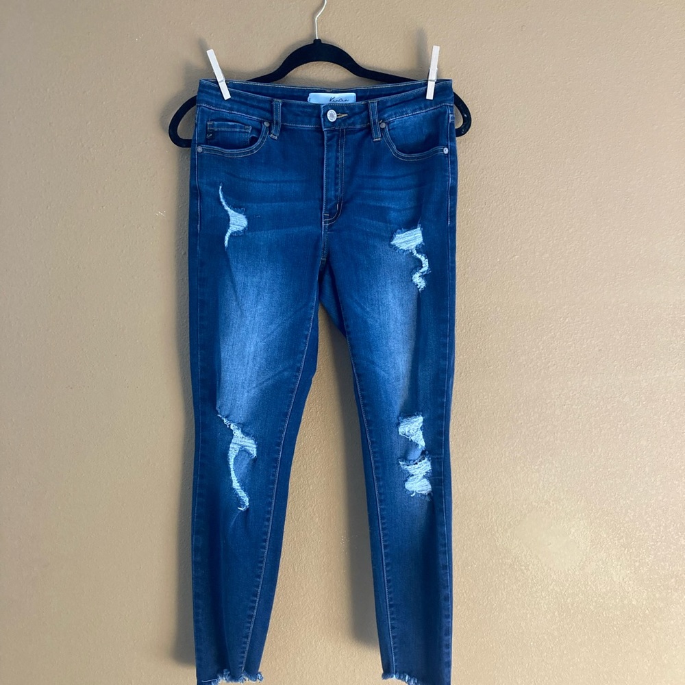KanCan Women's Skinny Jeans - Dark Blue Distressed